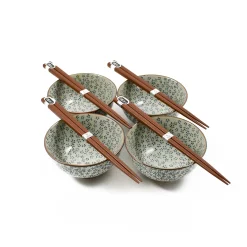Blue & White Flower Rice Bowl Set With Chopsticks