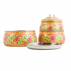 Hand Painted Three Tier Yellow Tiffin Tin, 1.5 Litre